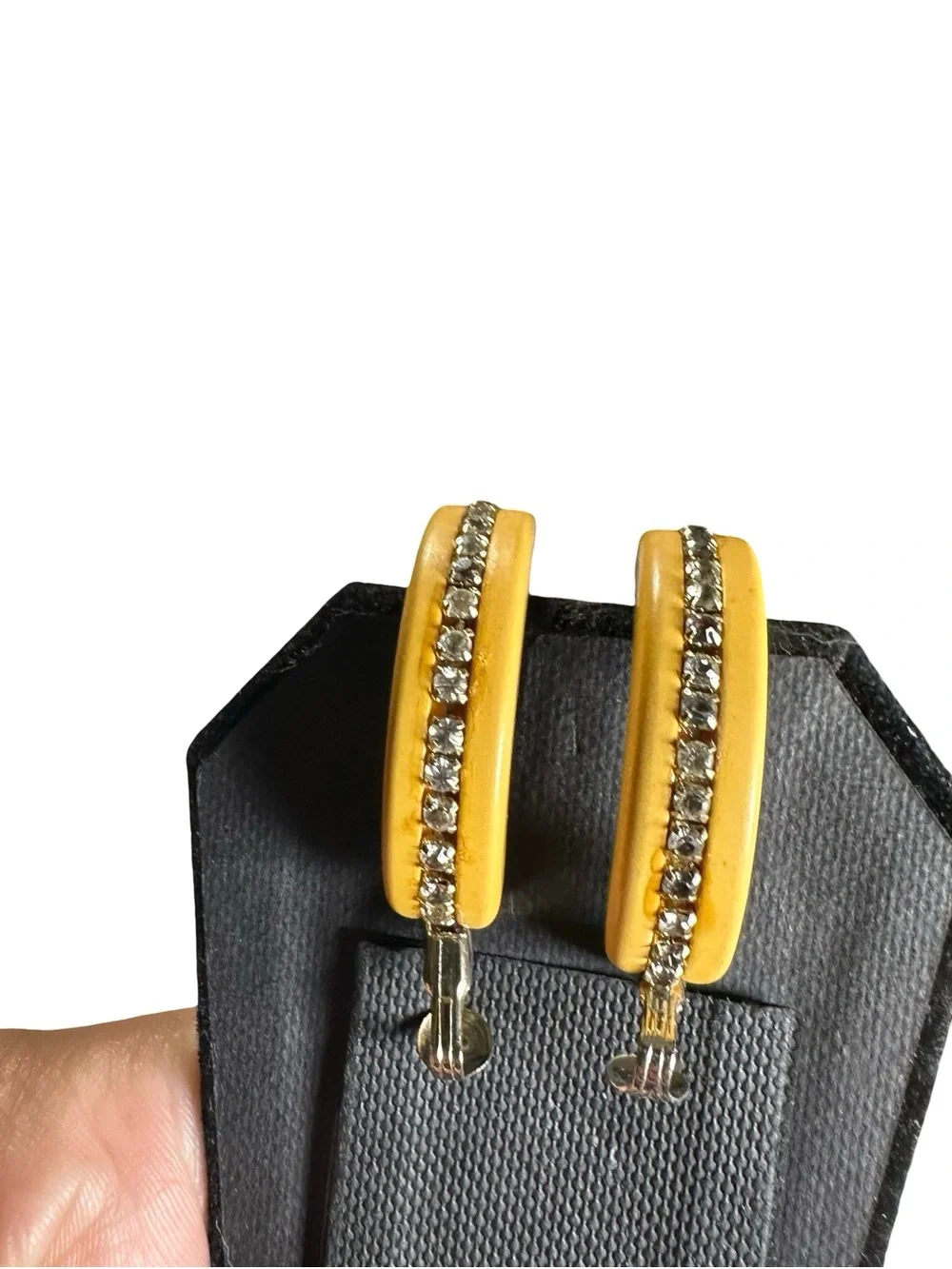 Vtg Bakelite Chunky Butterscotch Rhinestone Hoop Clip On Earrings Simichrome 15g